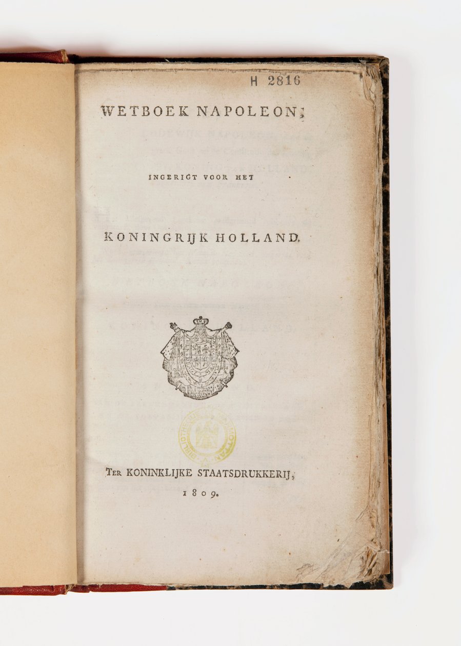 Napoleon-kode for kongeriket Holland, åpen på tittelsiden, utgitt Koninklijke Staatsdrukkerij, 1809 (trykt papir) av Netherlandish School