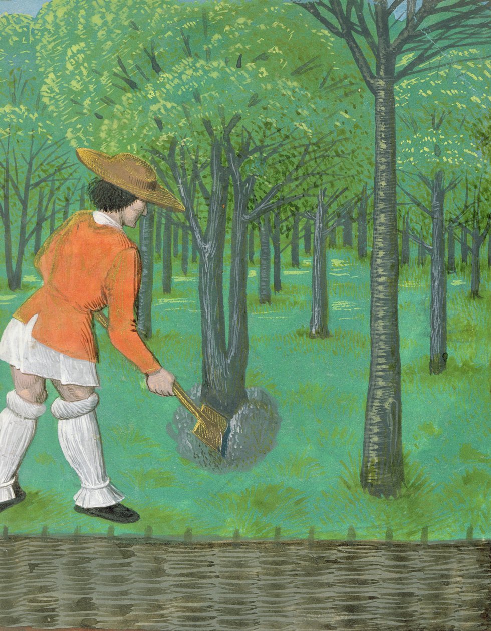 Roy 14 E VI f.28 Mann med spade i en frukthage, fra 