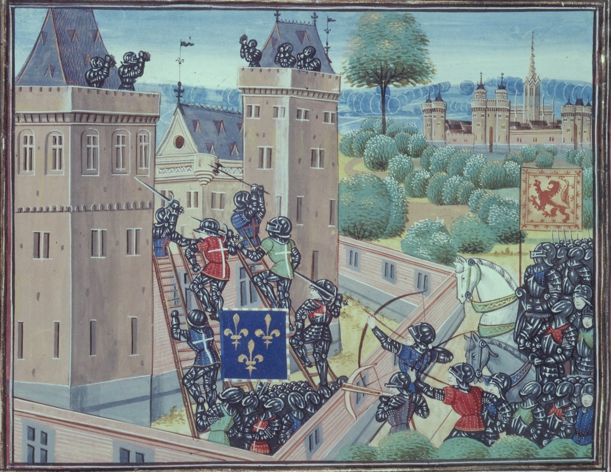 Royal 18 E.1 fol.345 The Capture of Wark Castle av franskmennene og skottene, fra bok II av 