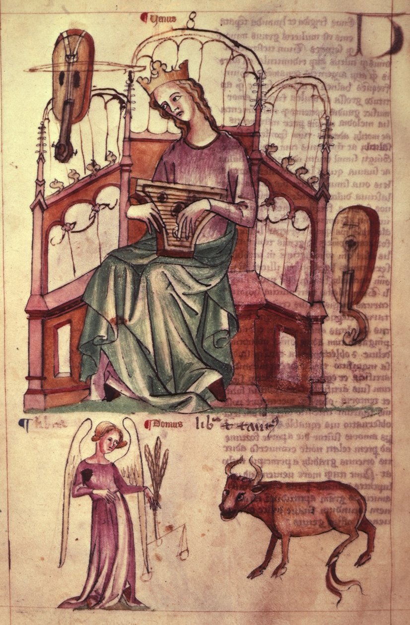 Sloane 3983 fol.42v Venus spiller et psalteri, fra 