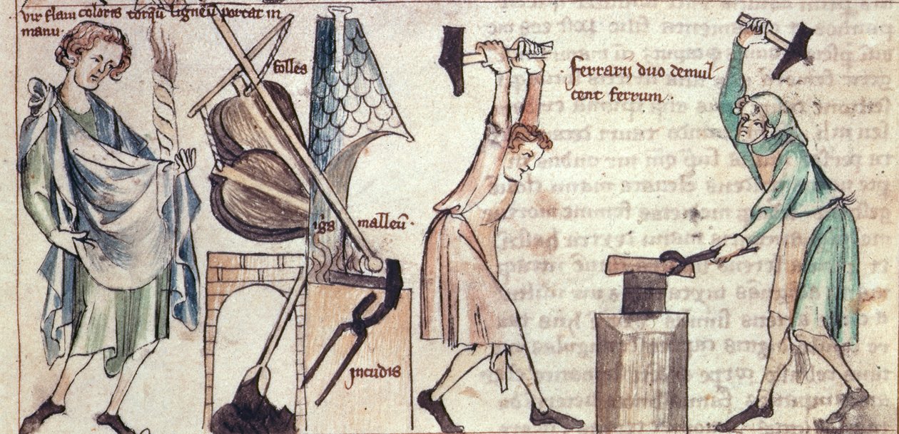 Sloane 3983 fol.5 Smeder på jobb, fra 'Book of Astrology' (vellum) av Netherlandish School