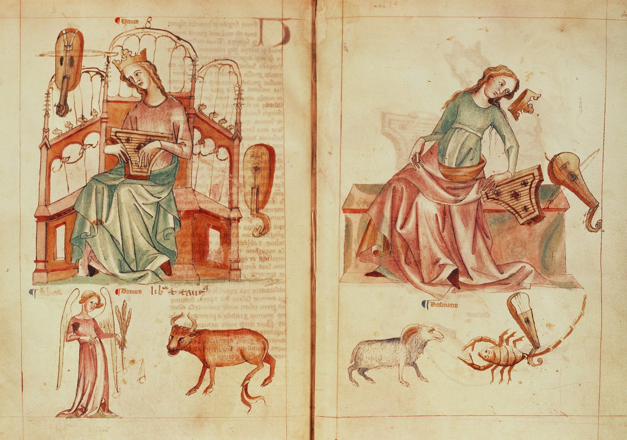 Sloane MS 3983 fol.42v-43 Venus spiller et instrument med sine herskende tegn og i skade, fra 
