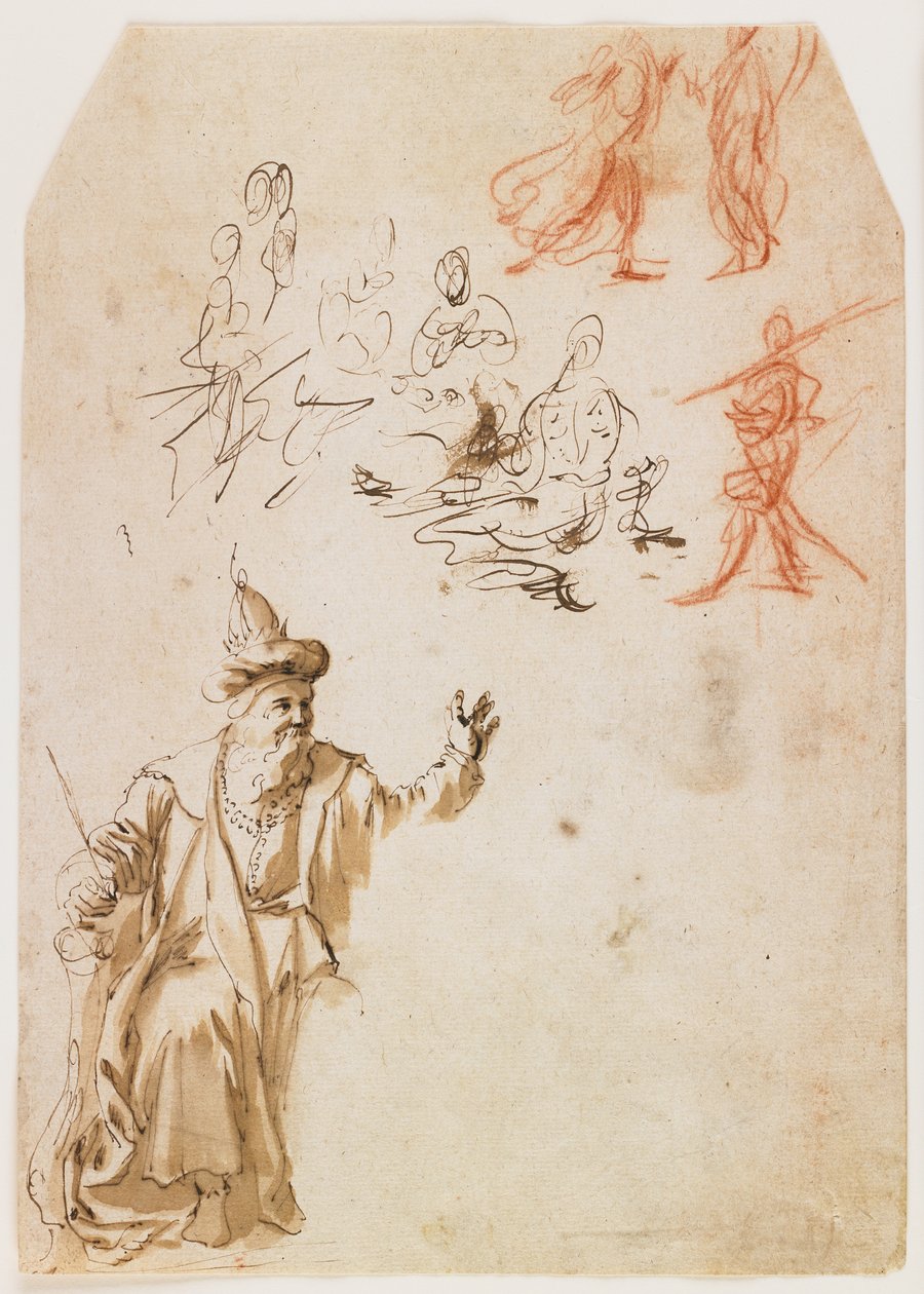 Studie av en gammeltestamentlig profet og andre figurstudier (recto); Studie av en mannsfigur med et tau (verso) (penn og brunt blekk og vask, rødt og svart kritt) av Netherlandish School