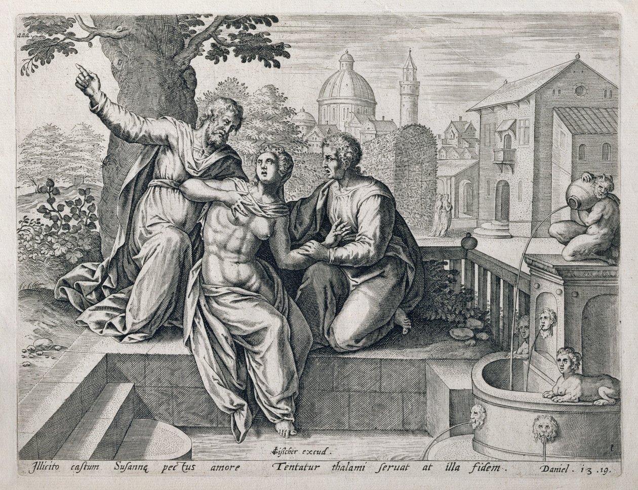 Susanna and the Elders, fra en serie som illustrerer scener fra The Bible, pub. av Claes Jansz Visscher (ca. 1550-c. 1612) ca. 1590 av Netherlandish School