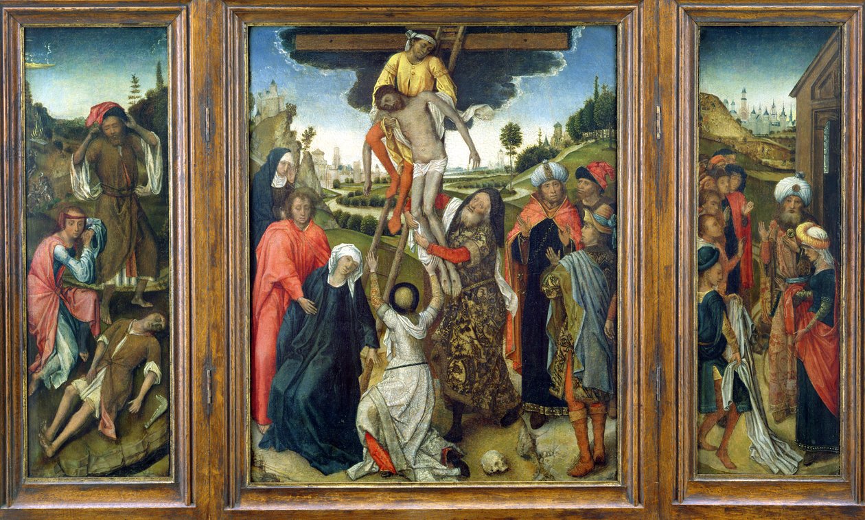Deponeringen, flankert av (L) Adam og Eva Mourning Abel og (R) Josephs frakk vist til Jakob, triptyk, ca. 1470 (panel) av Netherlandish School