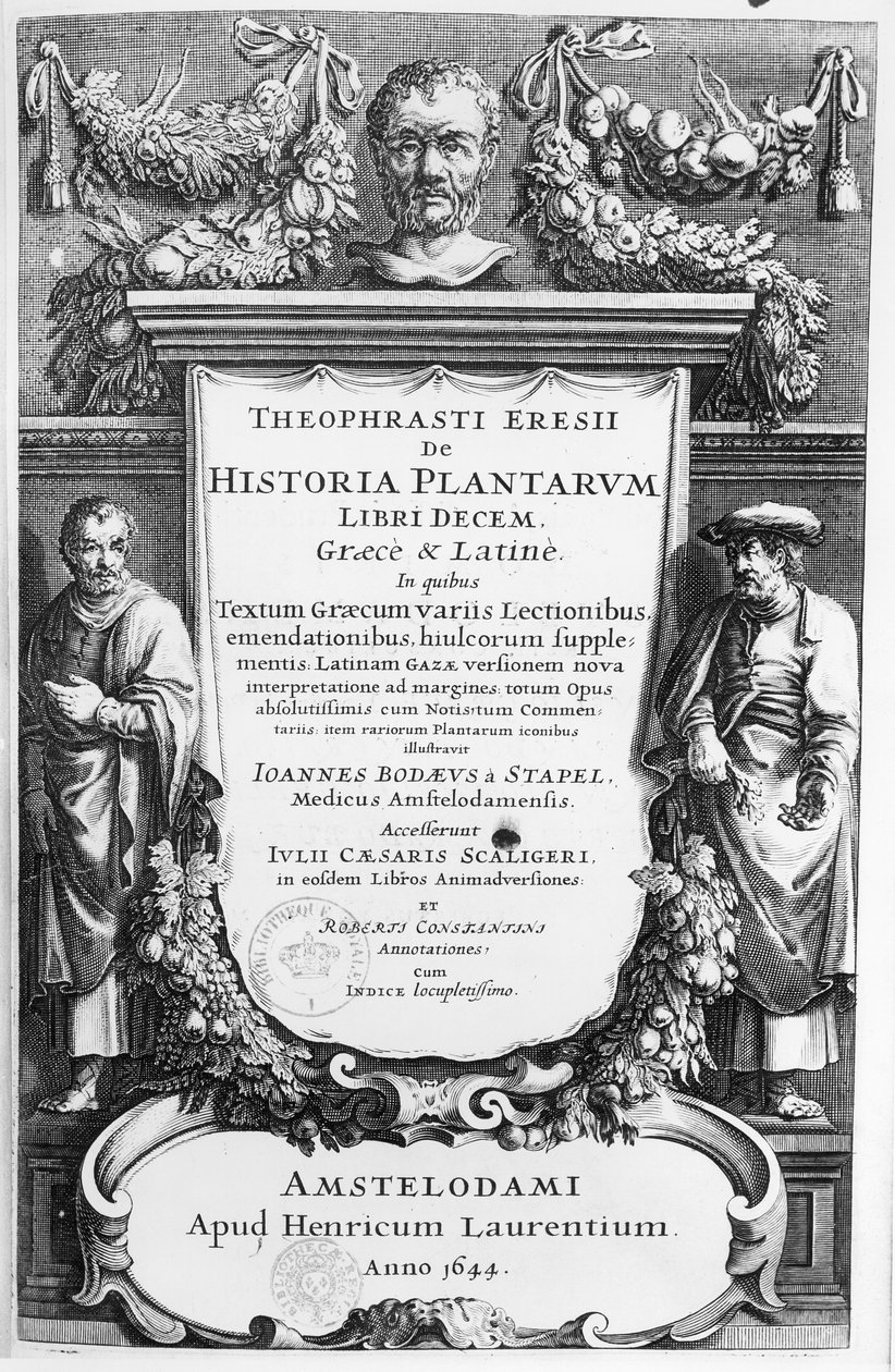 Tittelsiden til Historia Plantarum Libri Ten av Theophrastus (ca. 372-c.287 f.Kr.) utgitt i Amsterdam i 1644 av Netherlandish School