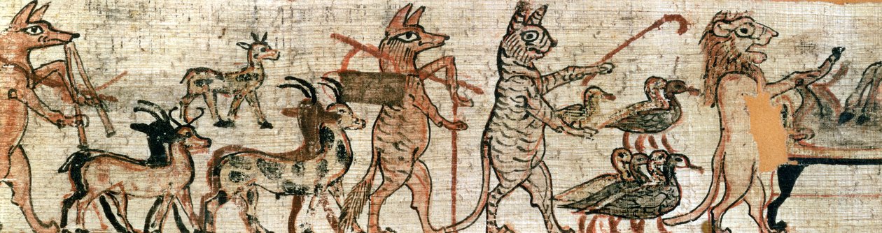 Den satiriske papyrus, detalj fra høyre side av en katt som gjeter gjess og en løve som mumifiserer et esel, fra Theben, ca. 1100 f.Kr. (se også 85721) av New Kingdom Egyptian