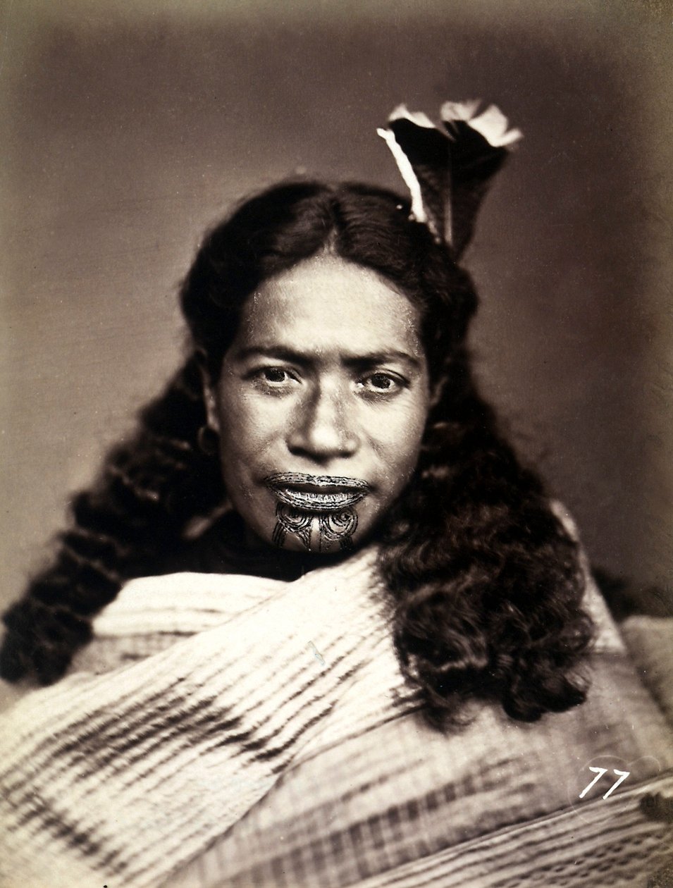 Portrett av en maori med et tatovert ansikt, ca. 1886-88 av New Zealand Photographer