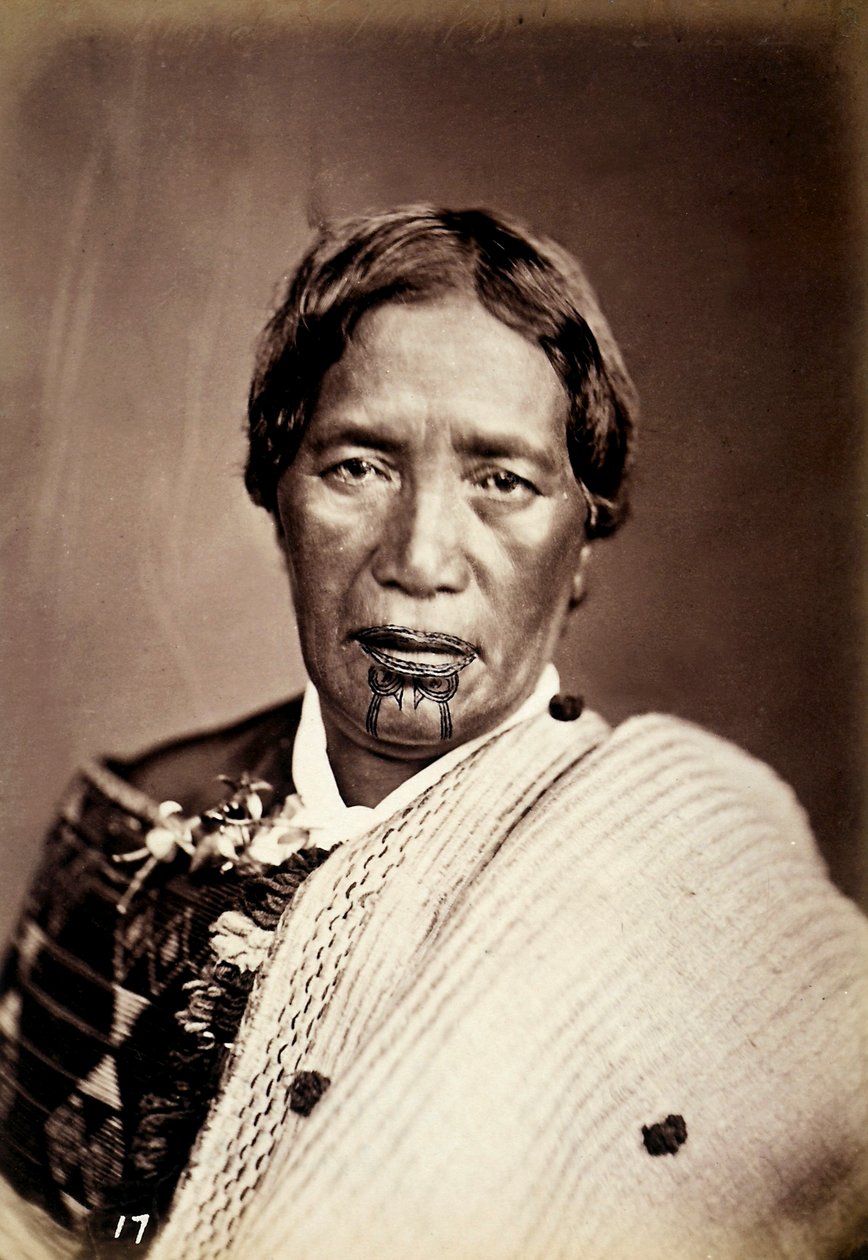 Portrett av en maori med et tatovert ansikt, ca. 1886-88 av New Zealand Photographer