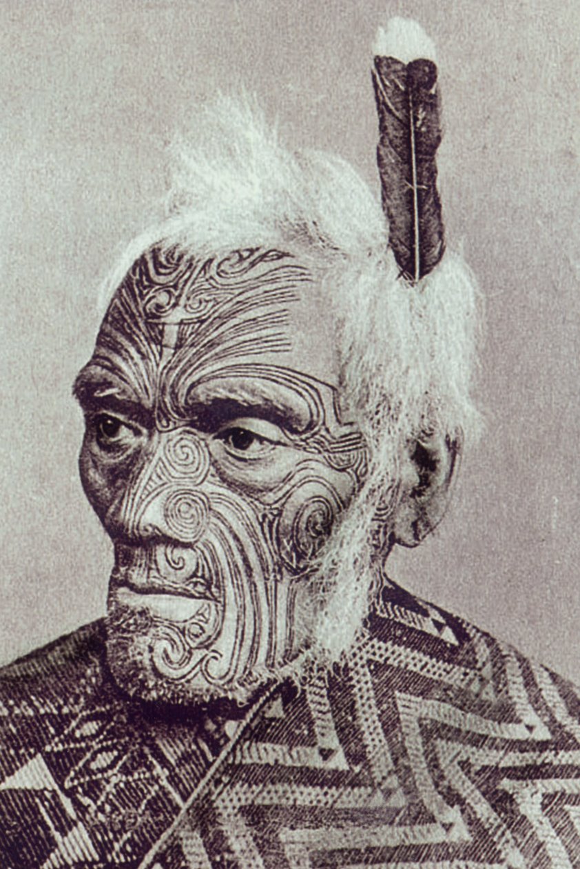 Maori-kriger med moko-ansikt av New Zealander Photographer
