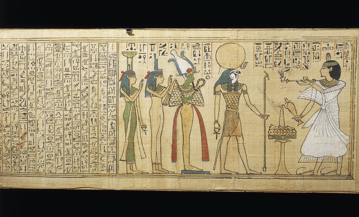 Papyrus of Khonsumes, The Book of the Dead, den avdøde gir offer til Osiris, Isis og Nephthys, tredje mellomperiode av New Kingdom Egyptian