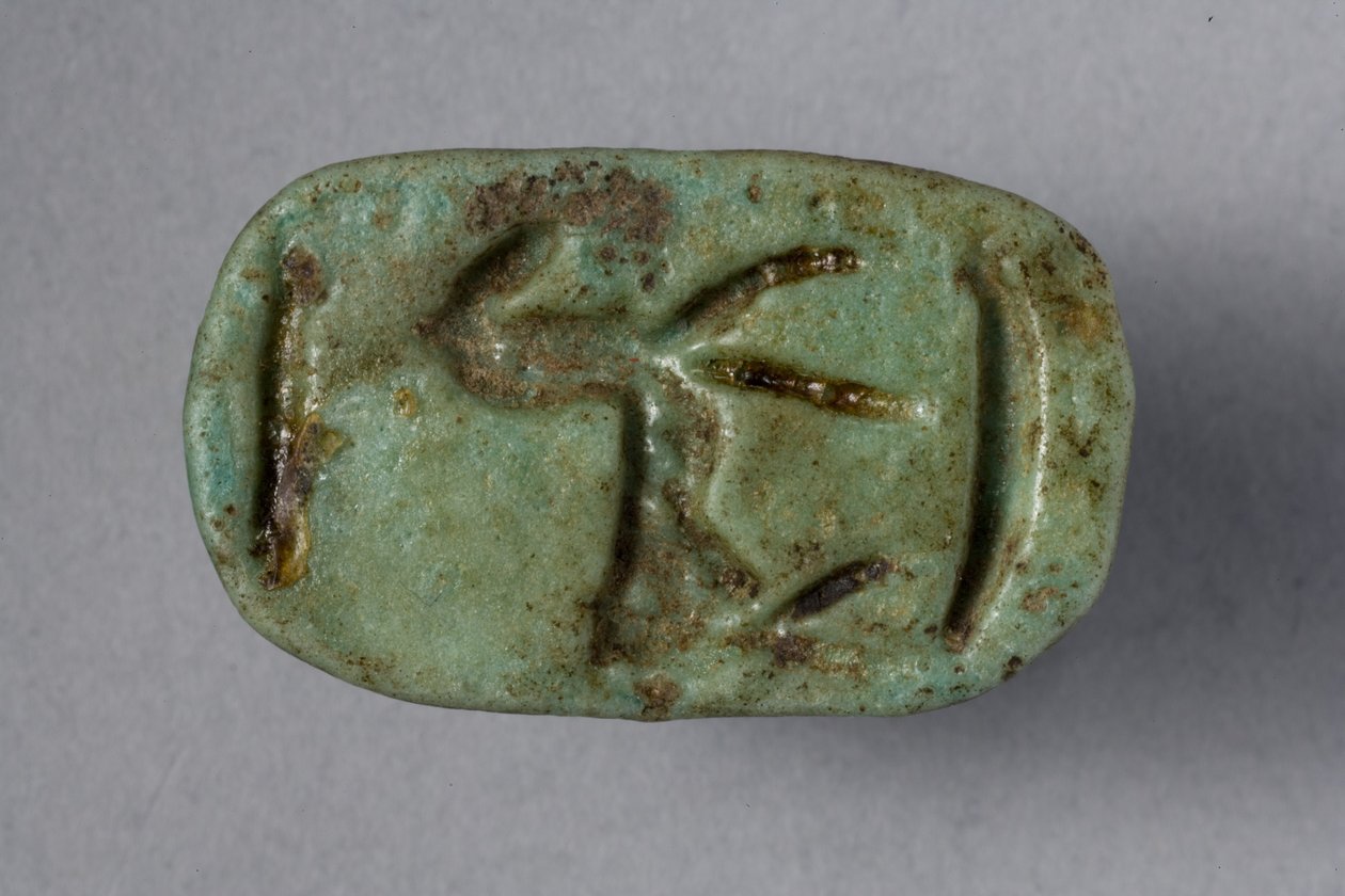 Scaraboid-sel, 18.-19. dynasti, 1540-1186 f.Kr. (fajanse) (underside av 270366) av New Kingdom Egyptian