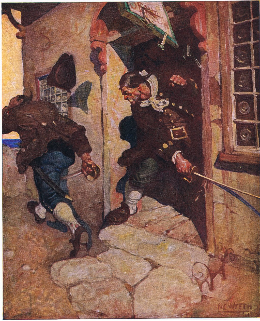 Captain Bones røver Black Dog: Et siste skjelvende kutt ville ha splittet ham hvis det ikke ble fanget opp av vårt store skilt av Newell Convers Wyeth
