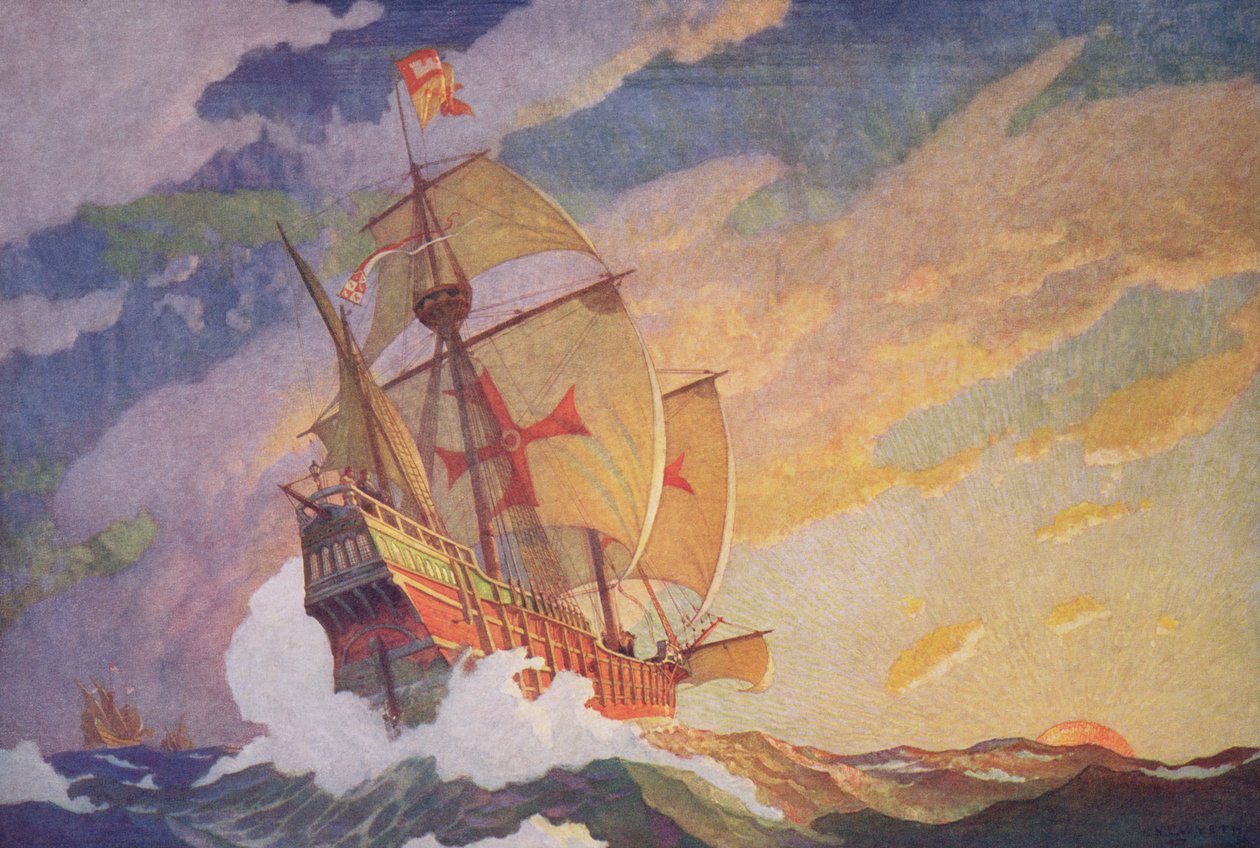 Columbus Crossing the Atlantic, 1927 (trykk) av Newell Convers Wyeth
