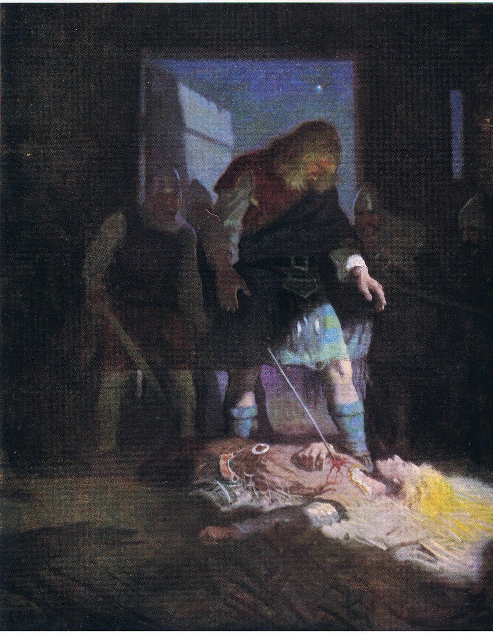 Death of Edwin, fra The Scottish Chiefs utgitt av Charles Schribners Sons, 1930 av Newell Convers Wyeth