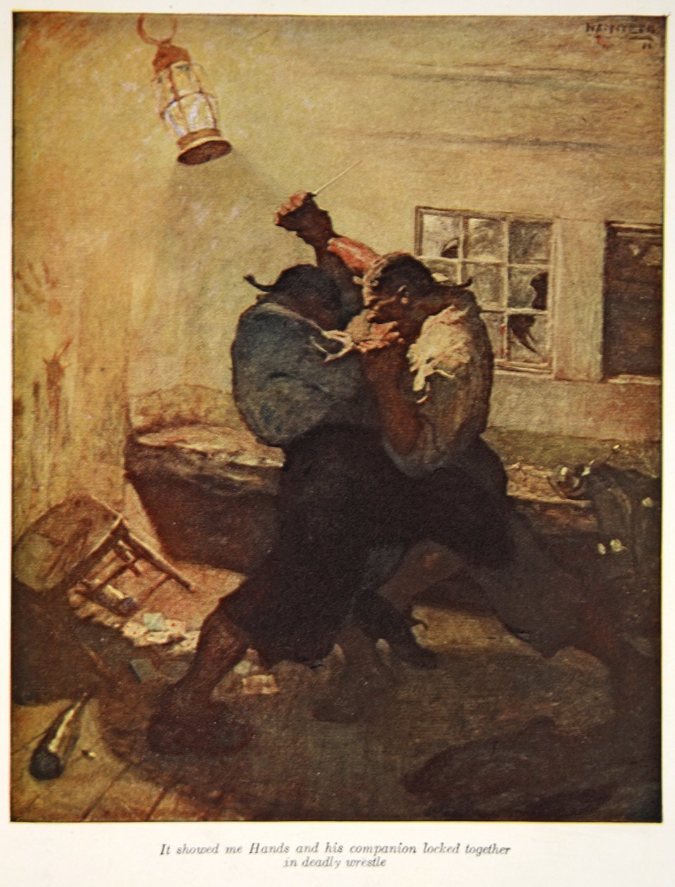Den viste meg Hands og hans følgesvenn, låst sammen i dødelig bryting, en illustrasjon fra "Treasure Island" av Robert Louis Stevenson, pub. av Charles Scribners sønner, 1911 av Newell Convers Wyeth