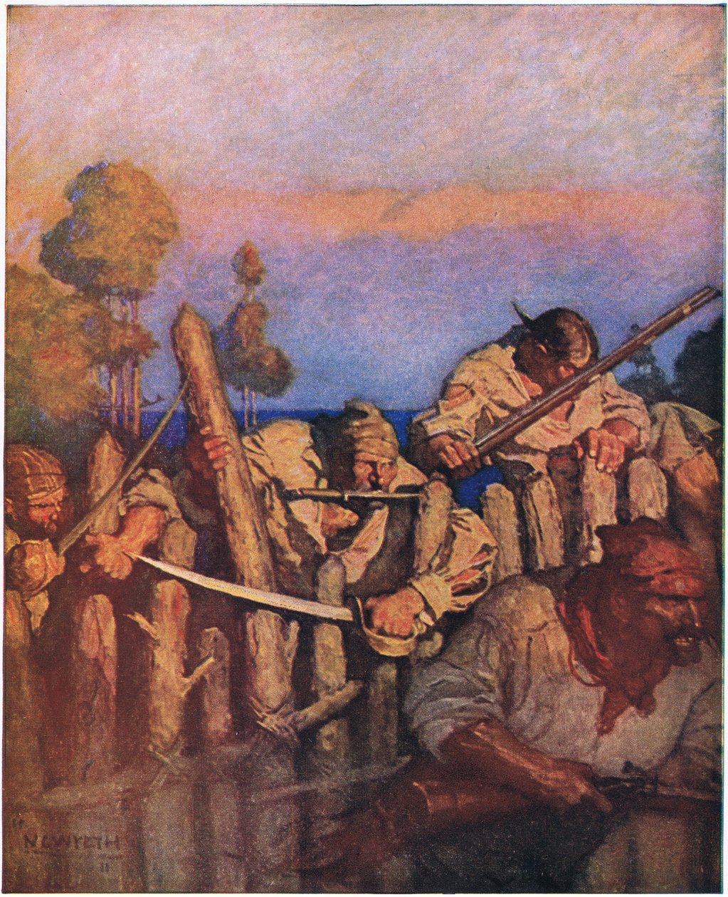 Angrepet på blokkhuset: Inneboerne svermet over gjerdet som aper av Newell Convers Wyeth