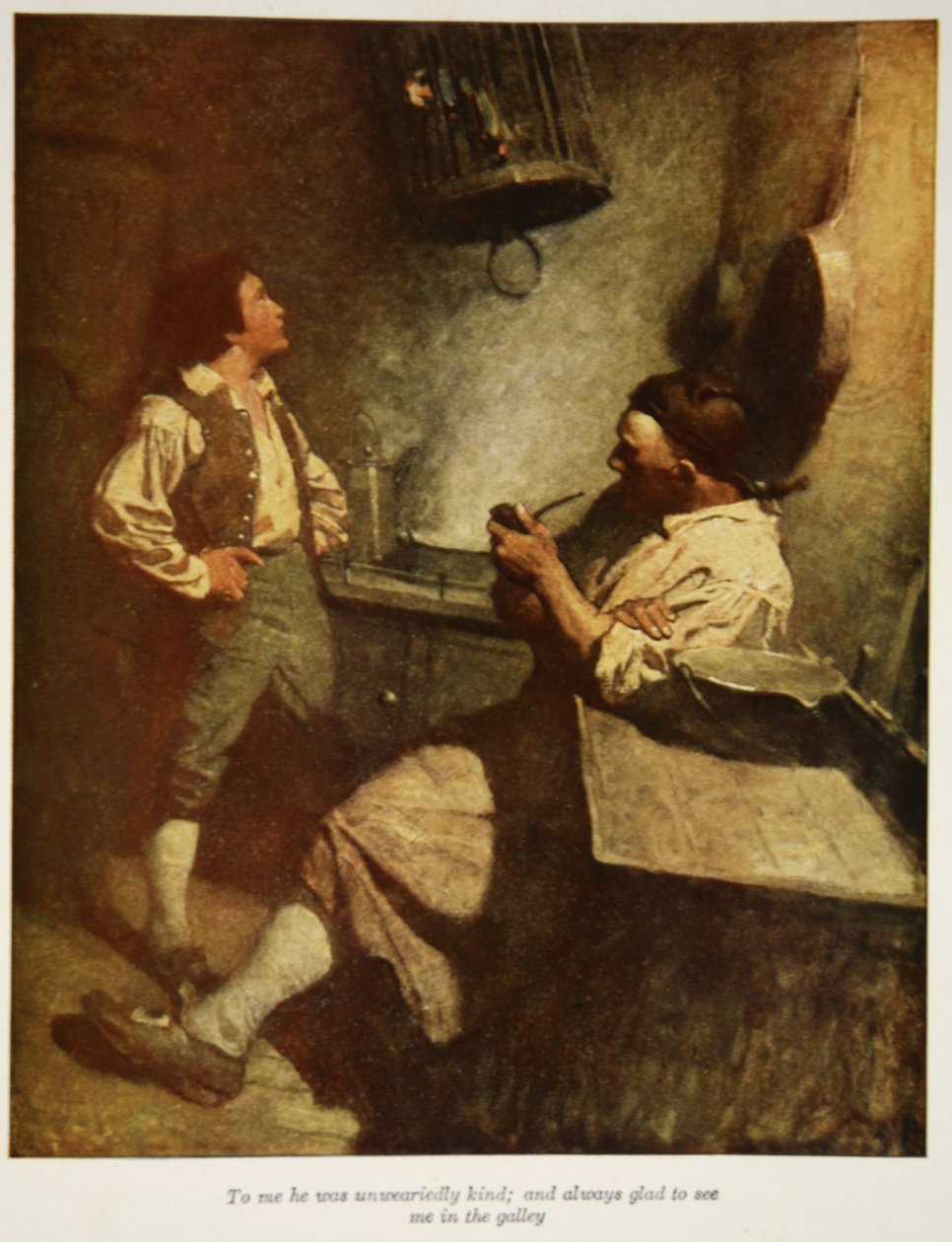 For meg var han utrettelig snill, og alltid glad for å se meg i byssa, en illustrasjon fra "Treasure Island" av Robert Louis Stevenson, pub. av Charles Scribners sønner, 1911 av Newell Convers Wyeth