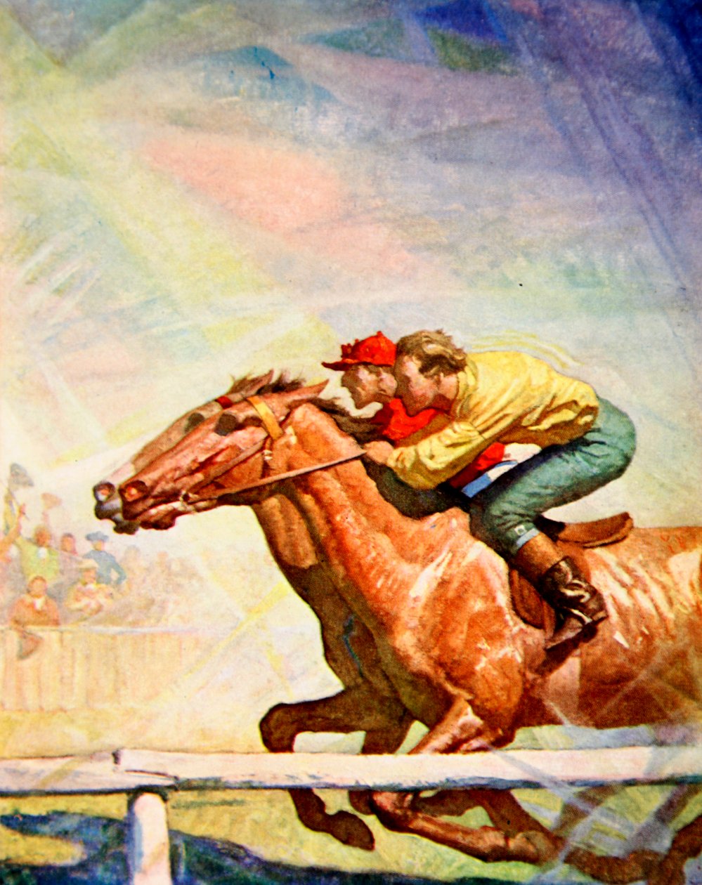 Banning og pisking trakk jockeyen opp til vinnerposten (farge litho) av Newell Convers (after) Wyeth