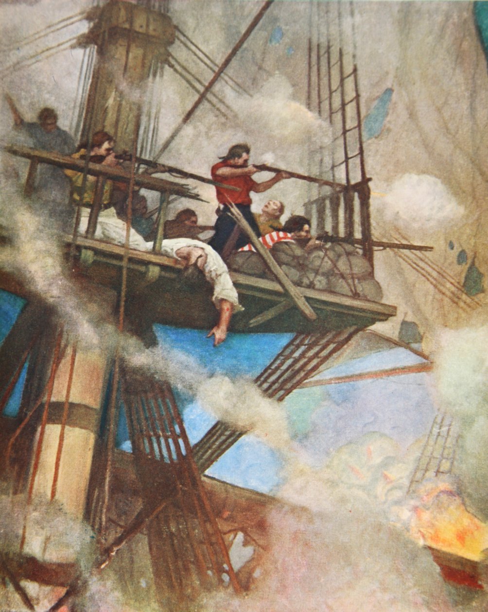 Kampen i Fire-tops mot et engelsk skip (farge litho) av Newell Convers (after) Wyeth