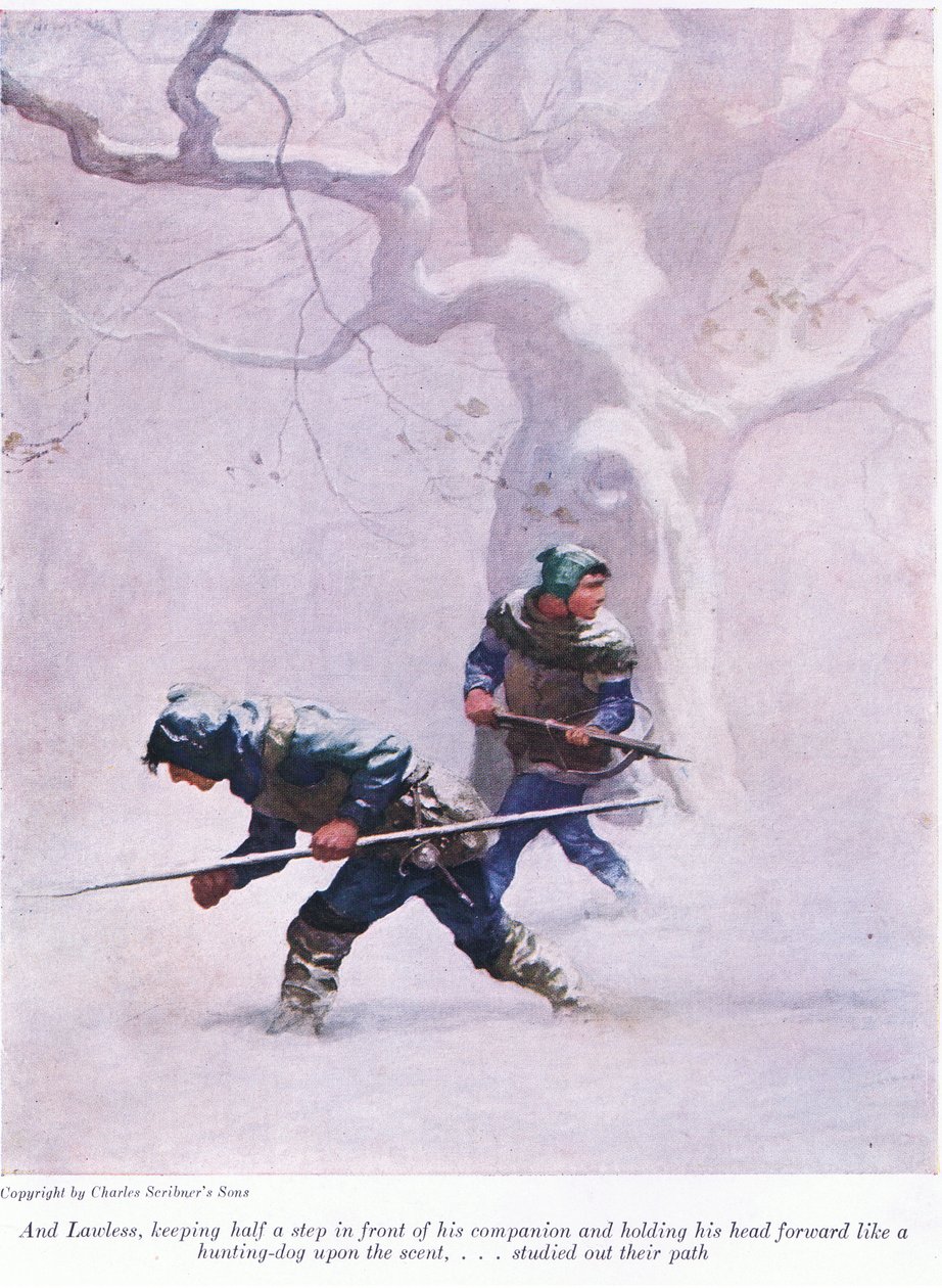 Og Lawless holdt et halvt skritt foran kameraten sin og holdt hodet fremover som en jakthund på duften - studerte veien hans, 1916 av Newell Convers Wyeth