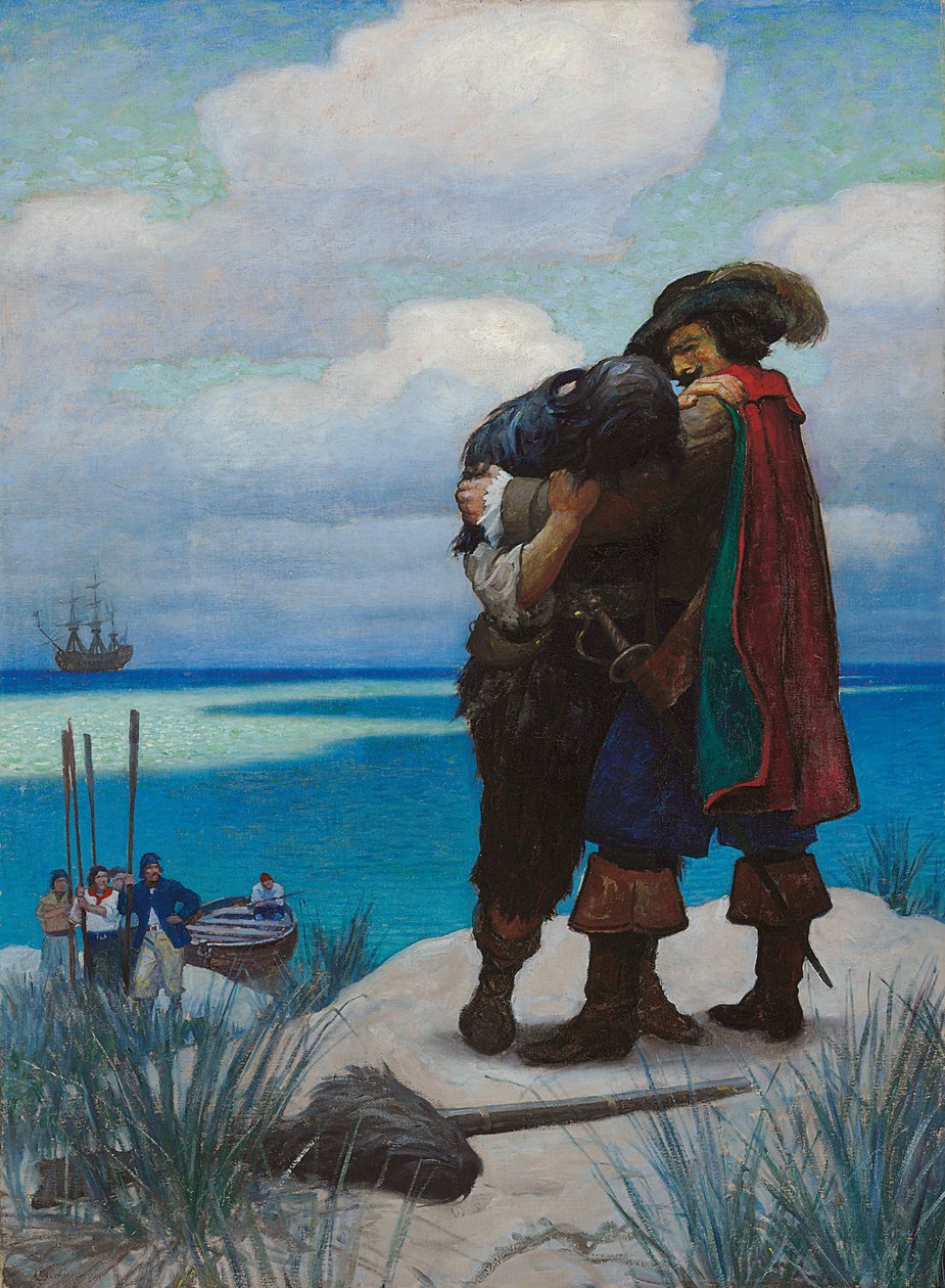 Først, på en stund, var jeg ikke i stand til å svare ham ett ord; Men da han hadde tatt meg i armene sine, holdt jeg fast ved ham, ellers skulle jeg ha falt til bakken av Newell Convers Wyeth