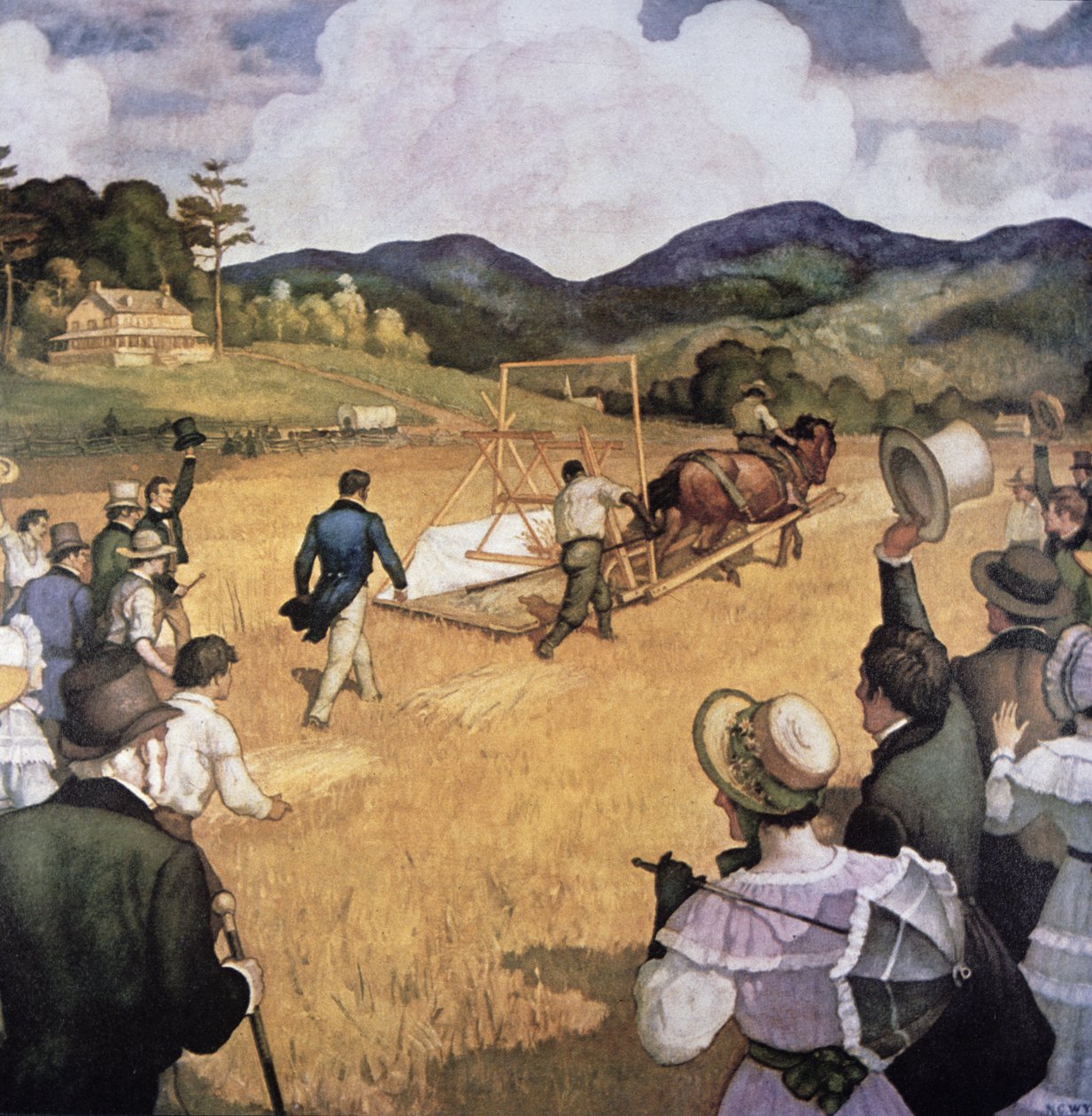 Cyrus H. McCormick (1809-84) og høstemaskinen hans i 1837 (olje på lerret) av Newell Convers Wyeth