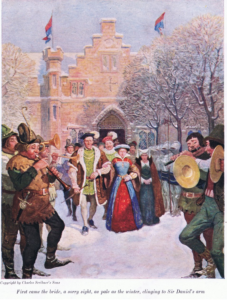 Først kom bruden, et trist syn, like blek som vinteren, klamret seg til Sir Daniels arm, 1916 av Newell Convers Wyeth