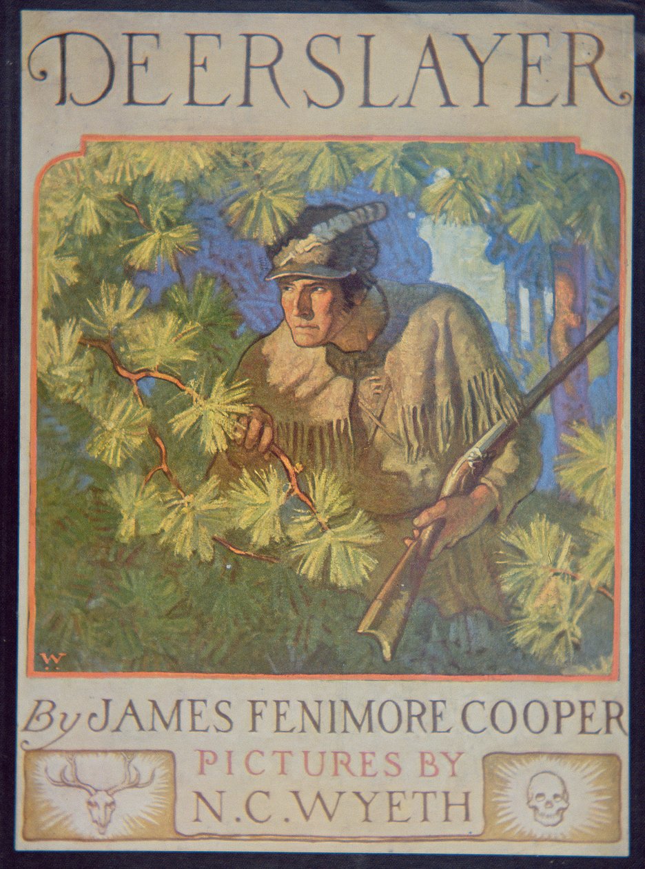 Forside av 'The Deerslayer' av James Fennimore Cooper (1759-1851) 1929 (farge litho) av Newell Convers Wyeth
