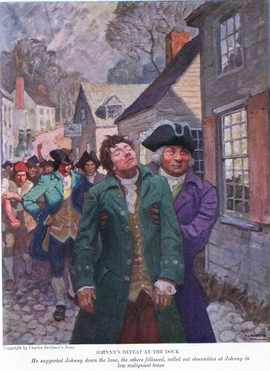 Johnnys nederlag ved kaien: Han støttet Johnny nedover banen. De andre fulgte etter og ropte uanstendigheter i lave ondartede toner, 1928 av Newell Convers Wyeth