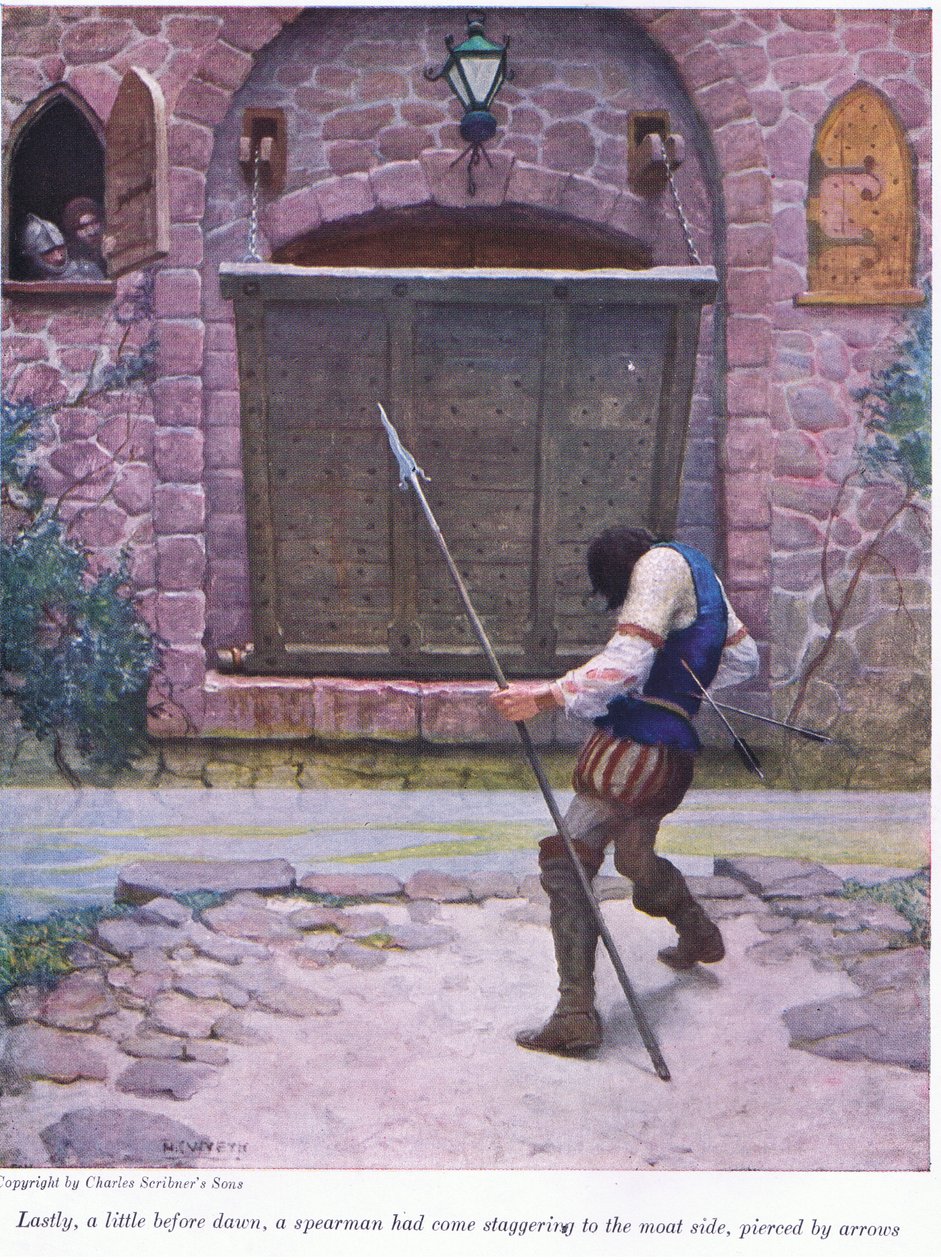 Til slutt litt før daggry, har en spydmann kommet vaklende til vollgravsiden, gjennomboret av piler, 1916 av Newell Convers Wyeth