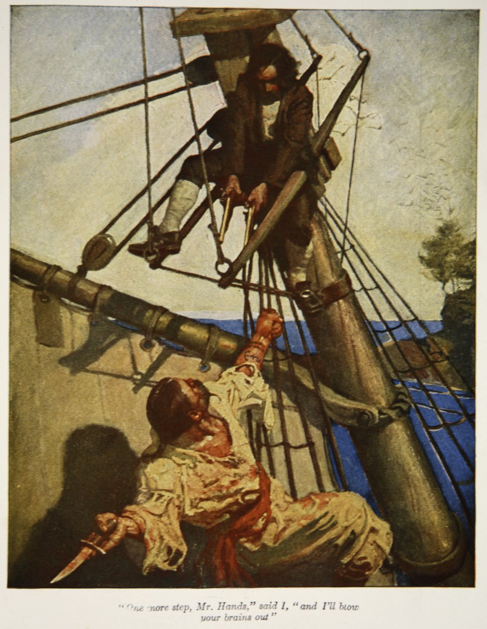 Ett skritt til, Mr. Hands, sa jeg, og jeg skal blåse ut hjernen din, en illustrasjon fra "Treasure Island" av Robert Louis Stevenson, pub. av Charles Scribners sønner, 1911 av Newell Convers Wyeth