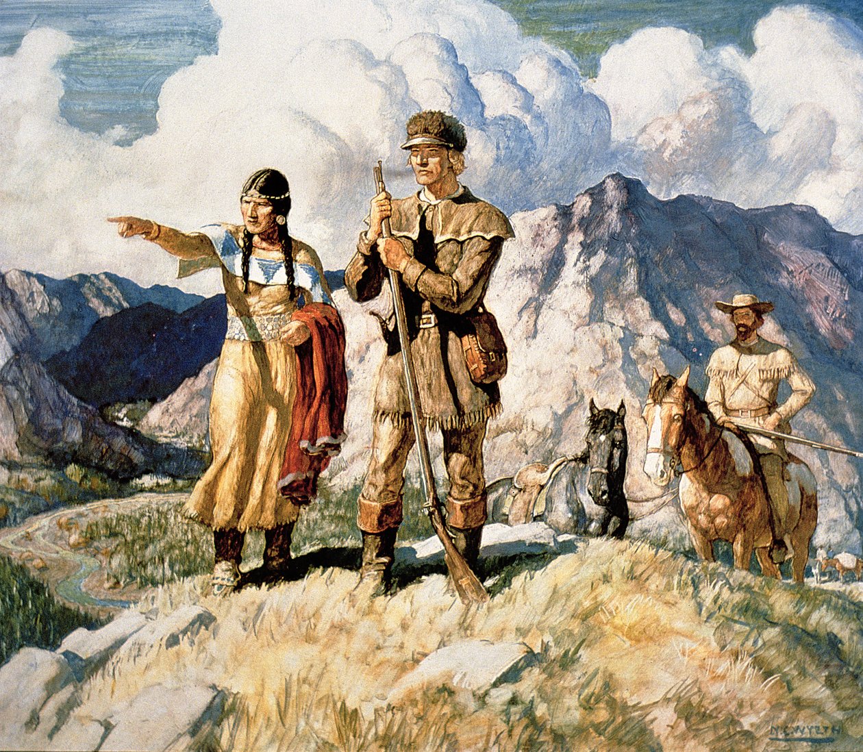 Sacagawea med Lewis og Clark under deres ekspedisjon 1804-06 (farge litho) av Newell Convers Wyeth
