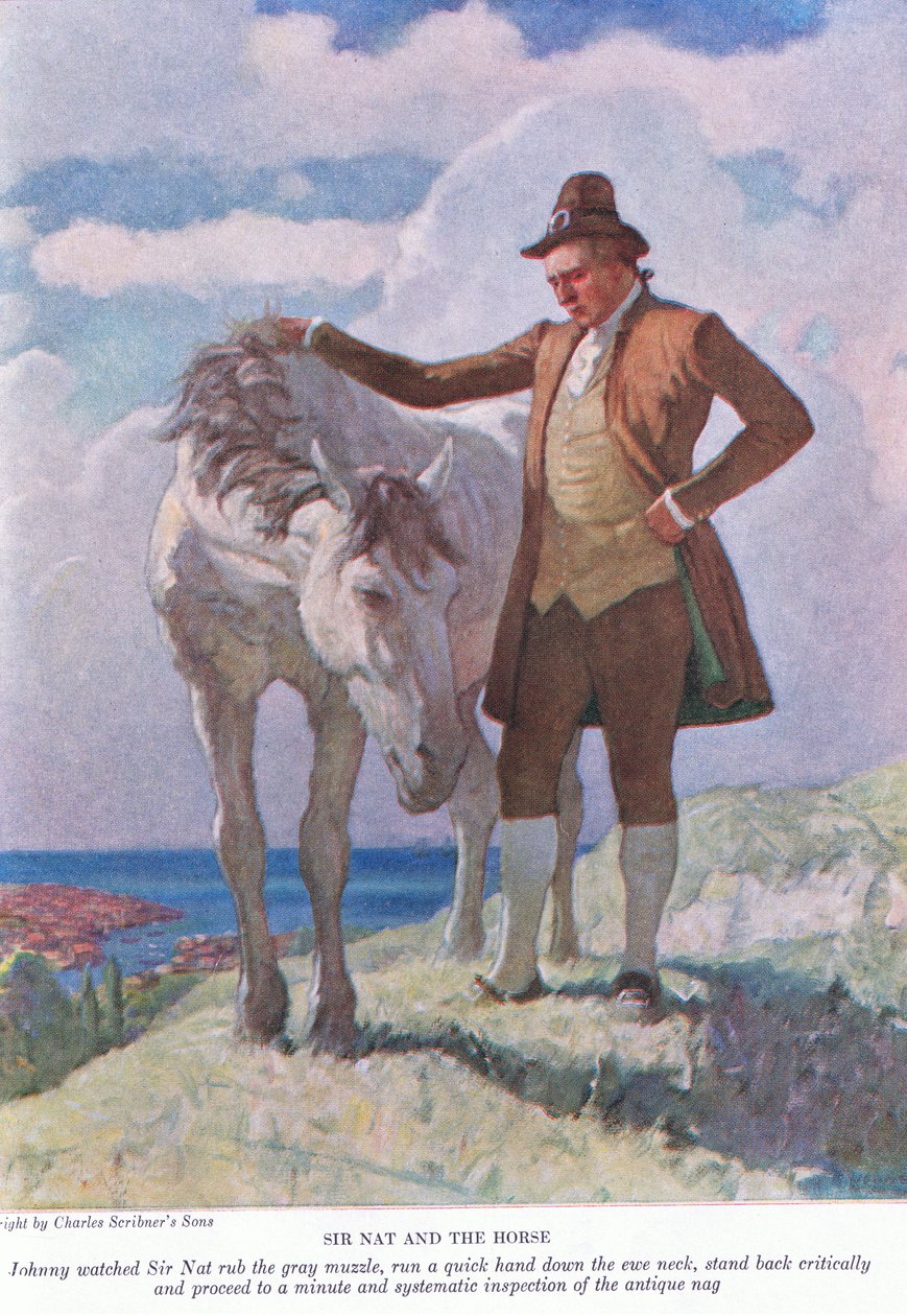 Sir Nat og hesten: Johnny så Sir Nat gni den grå snuten; stå tilbake og fortsett til en minutt og systematisk inspeksjon, 1928 av Newell Convers Wyeth