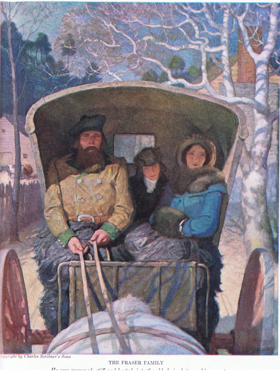 Fraser-familien: Han var stappet stiv og opphetet, i den gamle sjeselongen mellom foreldrene, 1928 av Newell Convers Wyeth