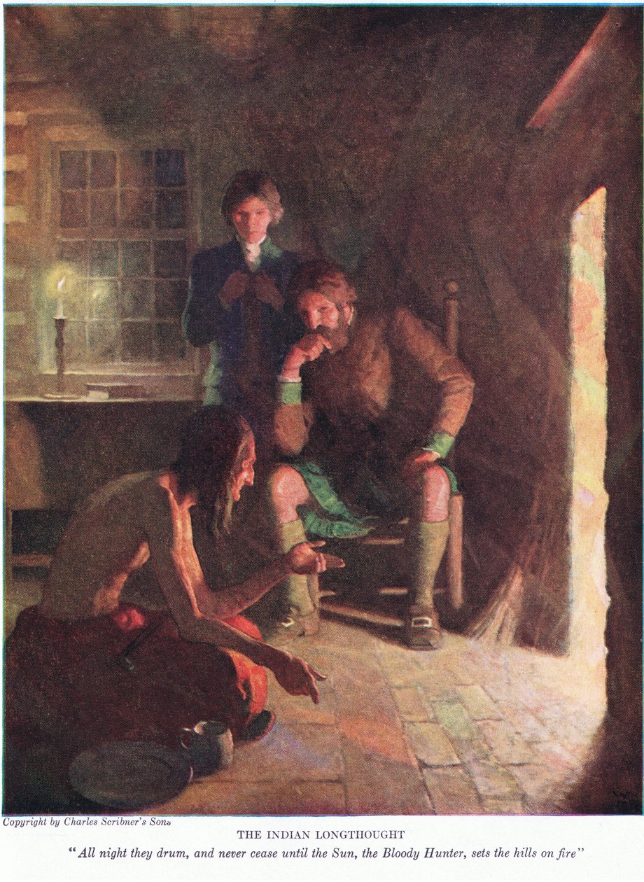 Inderen tenkte lenge! Hele natten trommer de, og slutter aldri før solen, den blodige jegeren, setter åsene i brann, 1928 av Newell Convers Wyeth