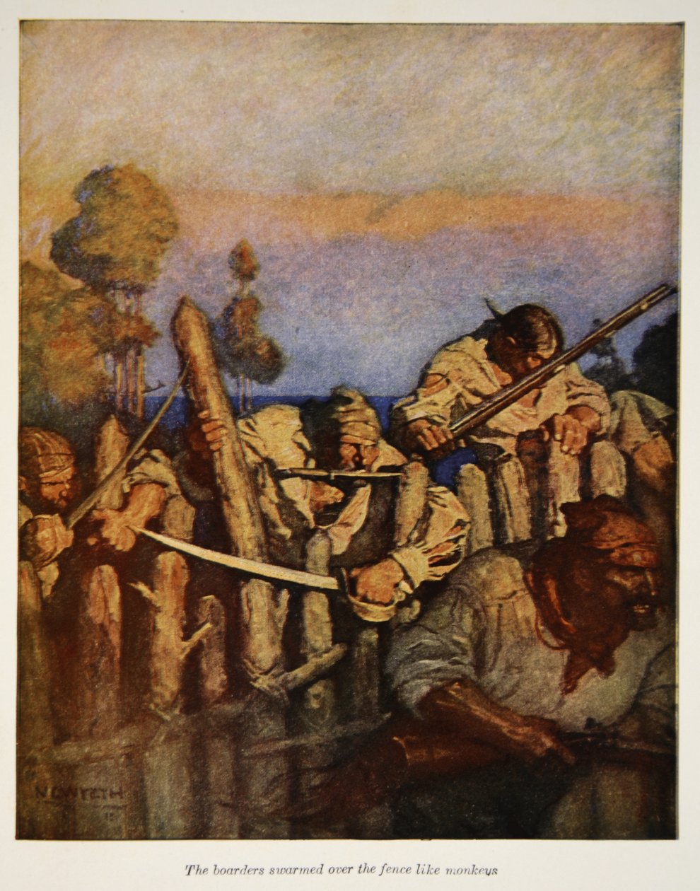 Inneboerne svermet over gjerdet som aper, en illustrasjon fra "Treasure Island" av Robert Louis Stevenson, pub. av Charles Scribners sønner, 1911 av Newell Convers Wyeth