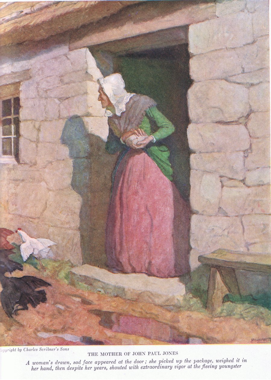 Moren til John Paul Jones: En kvinne tegnet, trist ansikt dukket opp ved døren; hun tok opp pakken og veide den i hendene, 1928 av Newell Convers Wyeth