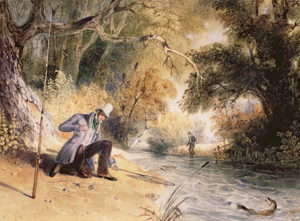 Pike Fishing, Landing a Jack, ca. 1839 (akvarell på papir) av Newton Fielding