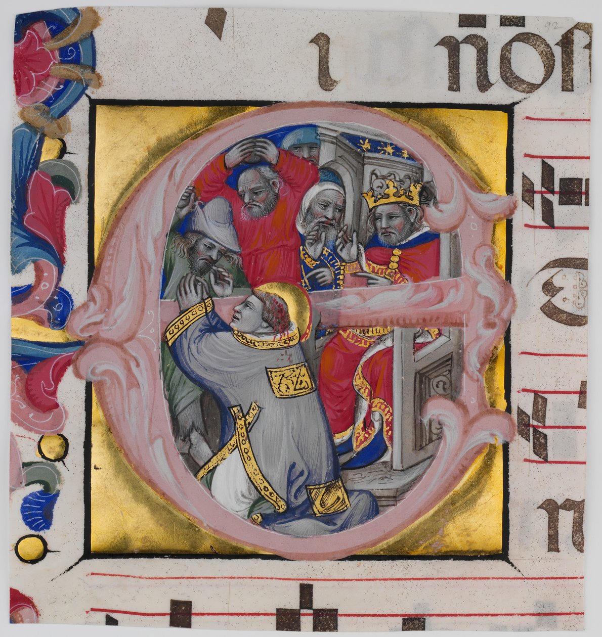 Manuskriptbelysning med Saint Stephens martyrium i en innledende E..., c1394-1402. av Niccolò di Giacomo da Bologna