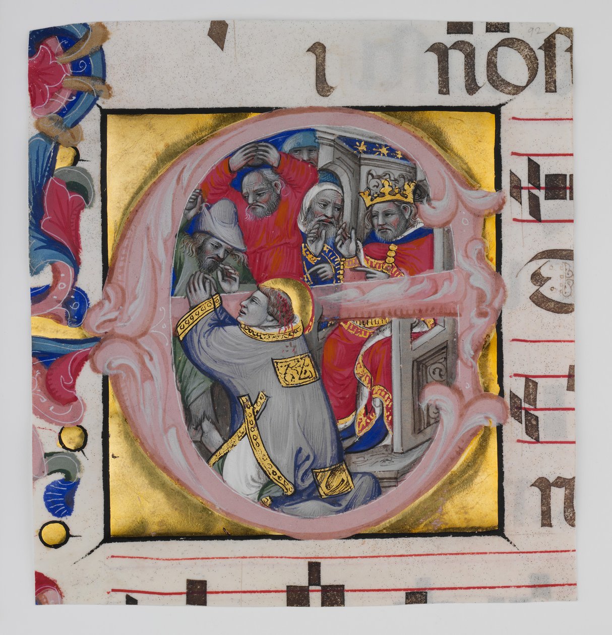 Manuskriptbelysning med Saint Stephens martyrdød i en innledende E..., ca. 1394-1402. av Niccolò di Giacomo da Bologna