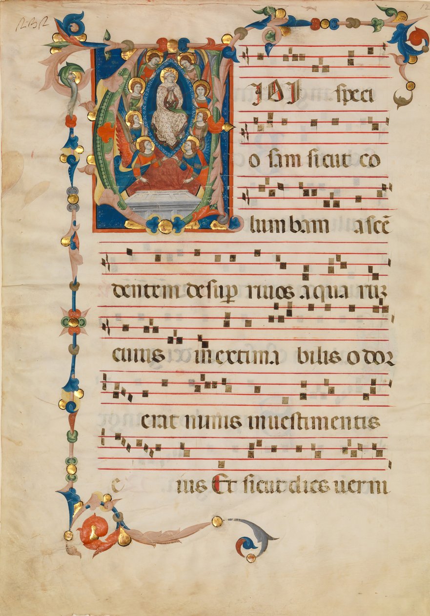 Manuskriptblad med antagelsen av jomfruen i en innledende V, fra et antifonarium, ca. 1340. av Niccolò di ser Sozzo