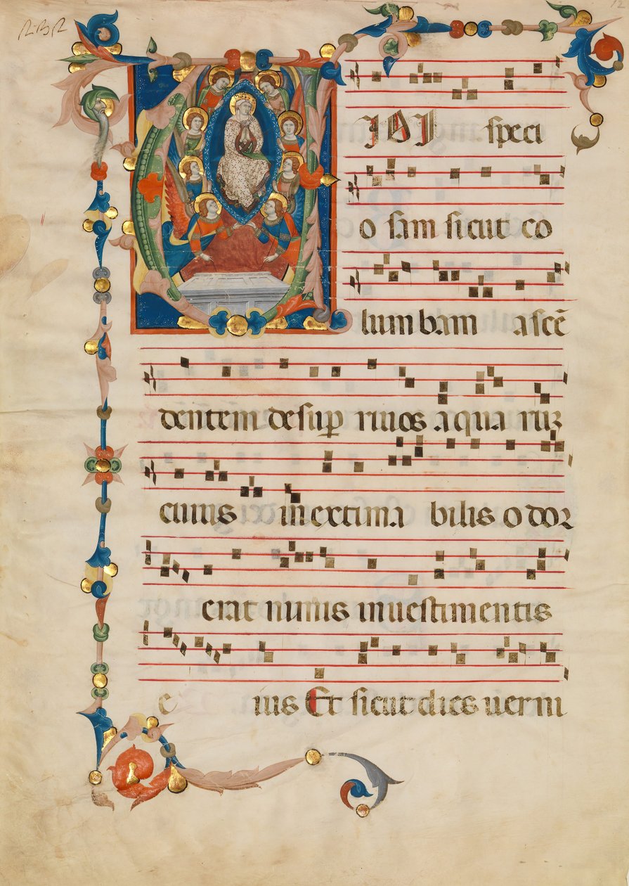 Manuskriptblad med antagelsen av jomfruen i en innledende V, fra et antifonarium, ca. 1340 av Niccolò di ser Sozzo