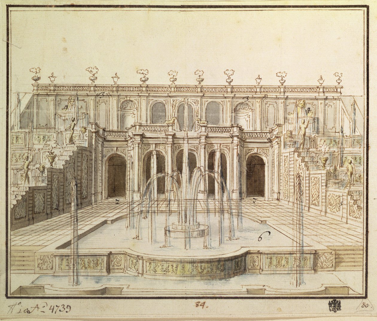 Den store kaskaden i den nedre parken ved Peterhof, 1720 (penn, pensel, blekk og wc) av Niccolo Michetti