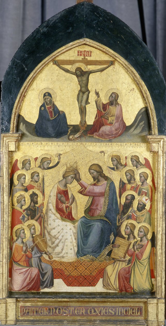 Kroning av jomfruen med engler, helgener og korsfestelsen, ca. 1405 (tempera på poppeltre) av Niccolo di Pietro workshop of Gerini