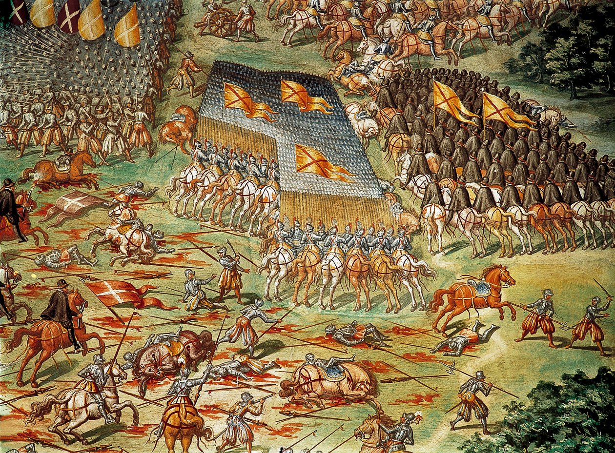 Slaget ved St. Quentin (Saint Quentin), som så spanjolenes seier over franskmennene i 1557, under de italienske krigene, detalj med kavaleriangrep av Niccolo (and workshop) Granello