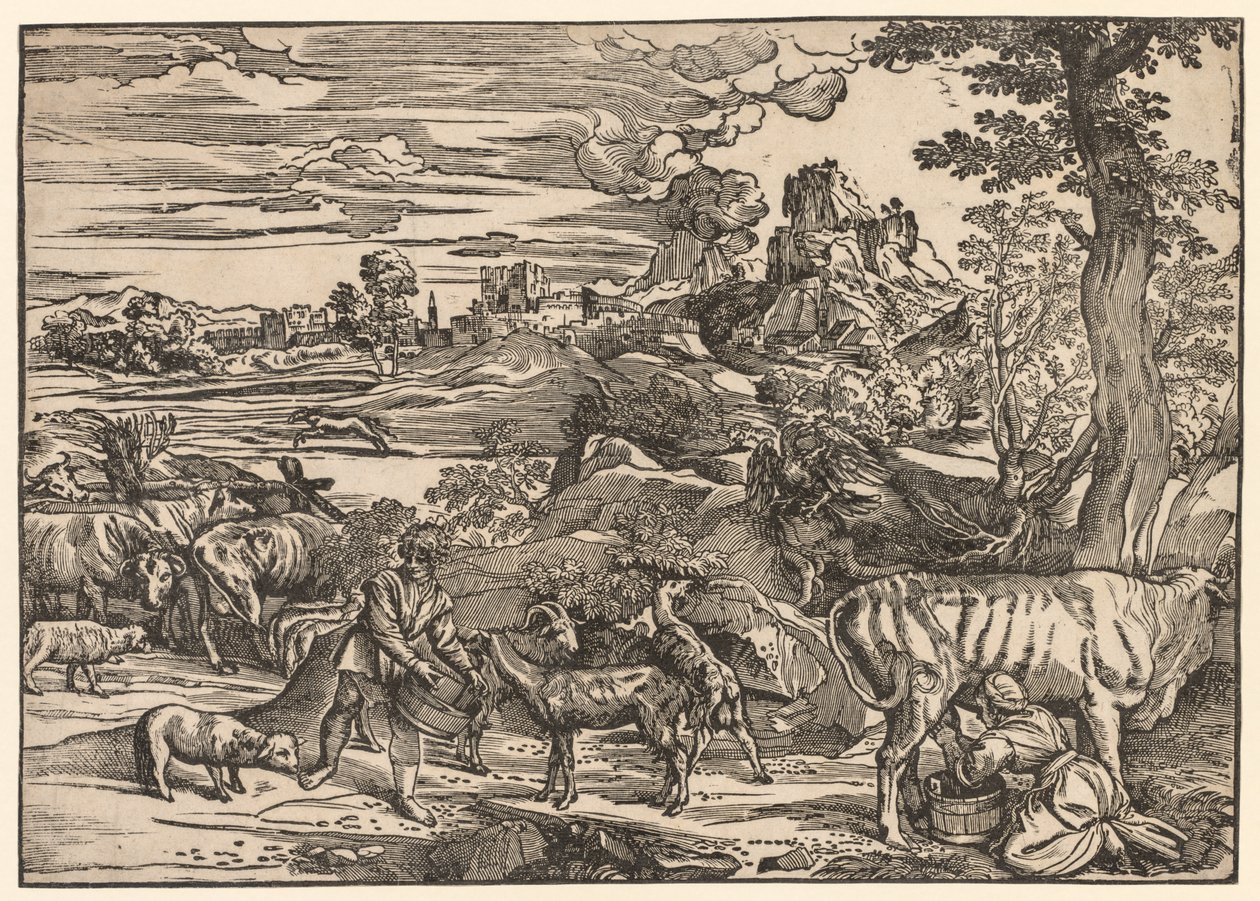 Landskap med en melkepike, ca. 1525. av Niccolo Boldrini