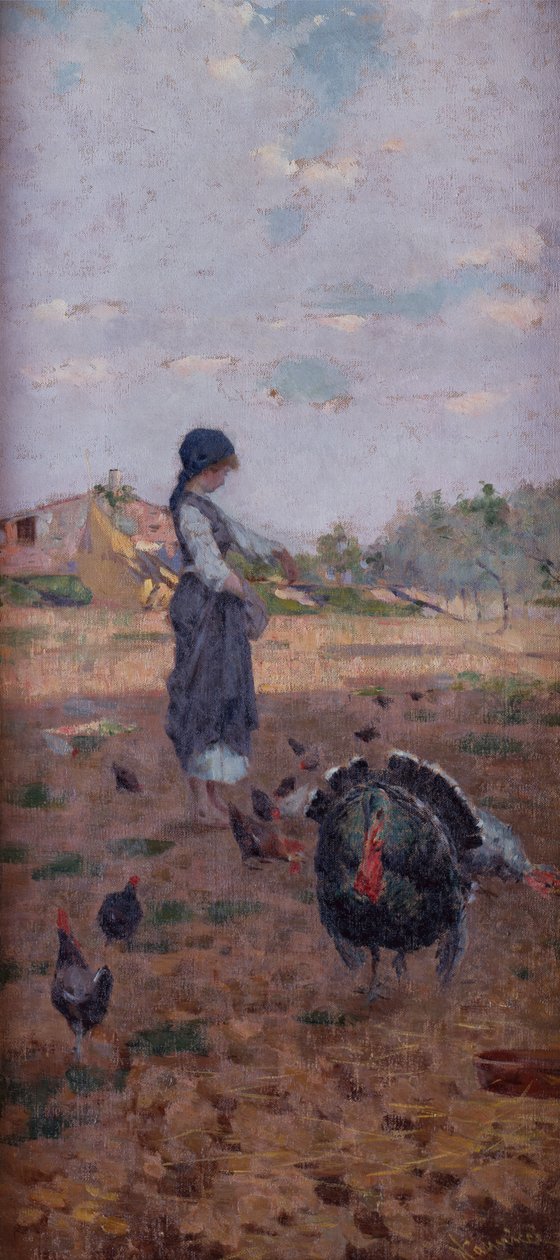 En ung jente som mater kalkuner (olje på lerret) av Niccolo Cannicci