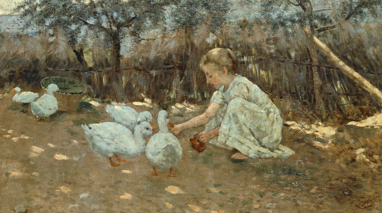 Den lille gåseflokken, ca 1892, av Niccolo Cannicci (1846-1906), olje på lerret, 40,5x70,5 cm. av Niccolo Cannicci