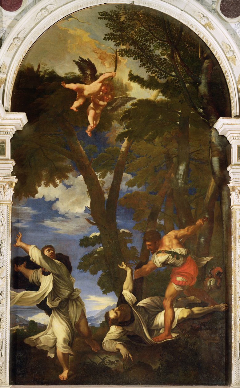 St. Peter Martyr knivstukket av leide leiemordere (kopi av maleriet av Titian tapt i brannen i rosenkranskapellet) av Niccolo Cassana